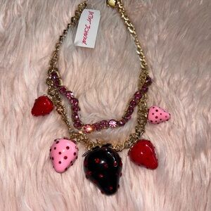 Betsey Johnson Gold-Tone Strawberry Charm Necklace in Pink, Red & Black